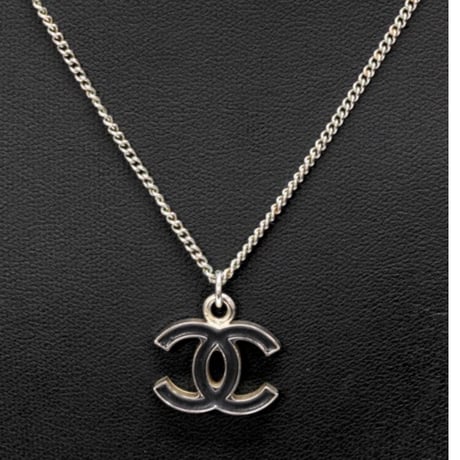 CHANEL CC Logo Pendant Necklace Silver-toned Black 04A #75674