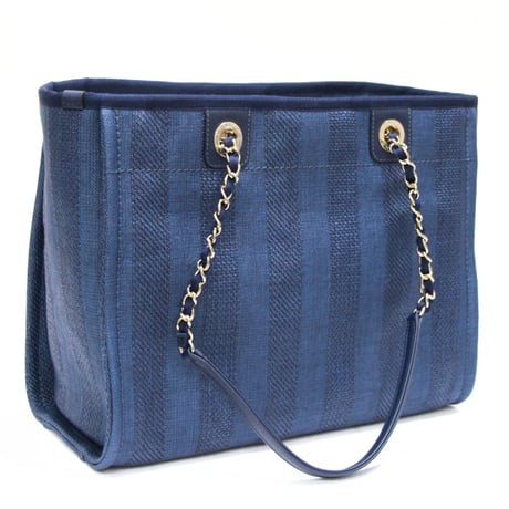 CHANEL Medium Deauville Tote Bag Striped Cotton Canvas Blue #75681