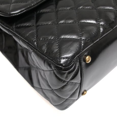CHANEL Castle Rock Top Handle Flap Bag Quilted Glazed Calfskin Black #76356