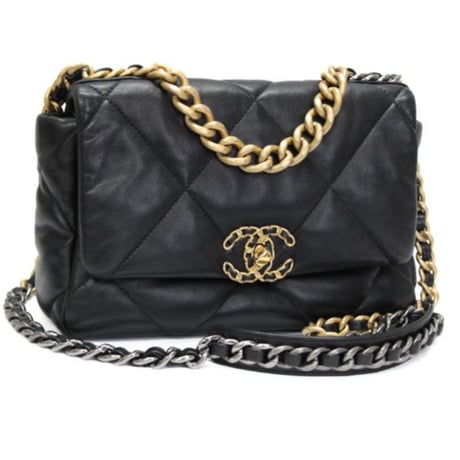 CHANEL 19 Flap Handbag Quilted Shiny Lambskin Black ＃76805