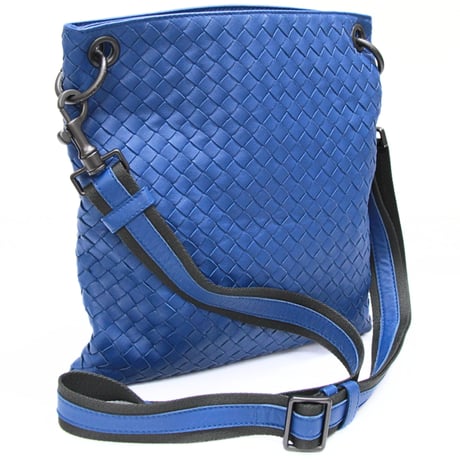 BOTTEGA VENETA Flat Messanger Bag Intrecciato Leather Blue #75639