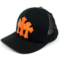 Chrome Hearts Cemetery Cross Leather Patch Trucker Hat Cap Black Orange #31753