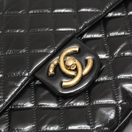 CHANEL Castle Rock Top Handle Flap Bag Quilted Glazed Calfskin Black #76356