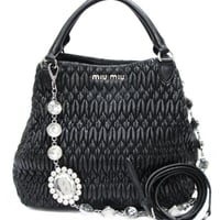 Miu Miu Matelasse Handbag with Bijou Chain Nappa Leather Black #76083