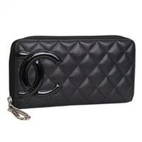 CHANEL Cambon Line Zip-around Wallet Quilted Leather Black #76481