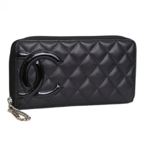 CHANEL Cambon Line Zip-around Wallet Quilted Leather Black #76481