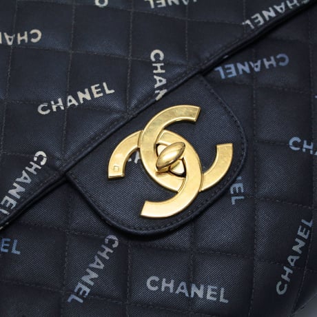 CHANEL Classic 34 Maxi Flap Bag Quilted Canvas Logo Print Black #76155