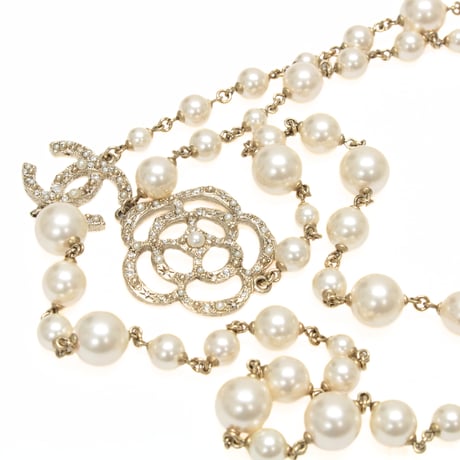 CHANEL Coco Mark Camellia Long Necklace Crystal Faux Pearl Gold-toned A13P ＃76600