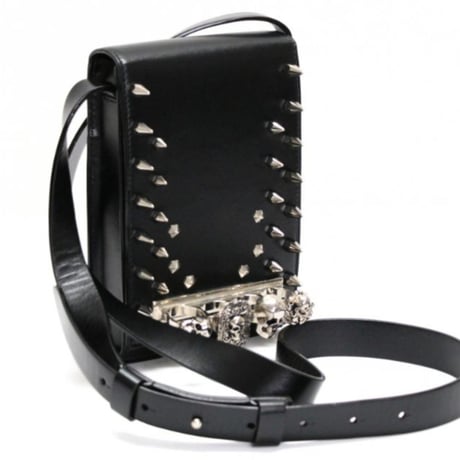 Alexander McQueen Brand-New 4-Ring Skull Knuckle Messenger Bag Black #32233