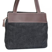 CHANEL CC Logo Tote Bag Denim Leather Black Brown #75769