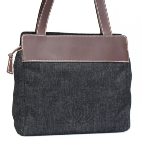 CHANEL CC Logo Tote Bag Denim Leather Black Brown #75769
