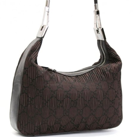 GUCCI Clasp Hobo Shoulder Bag Pleated GG Nylon Brown #76566