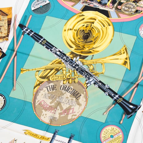HERMES Carre 90 Silk 100% Scarf Stole "THE ORIGINAL NEW ORLEANS CREOLE JAZZ" #76747