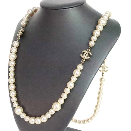 CHANEL Coco Mark Necklace Faux Pearl Crystal Champagne Gold-toned A11P ＃20312