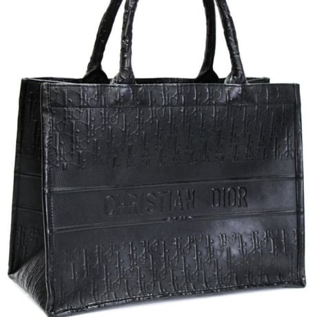 Christian Dior Medium Book Tote Bag Oblique Embossed Leather Black #75592