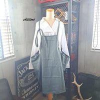 【背中がかわいい】マキシ：エプロンドレス：デニム：レトログリーン【1106】