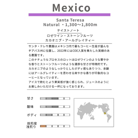 メキシコ　サンタ・テレサ　ナチュラル　浅煎り　200g