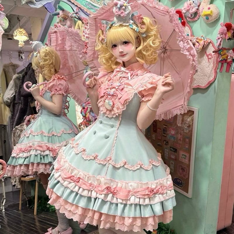dolceliche puffyジャガードショートロンパース Cream Fondant ドーリージャンパースカート ミントピンク | tulle