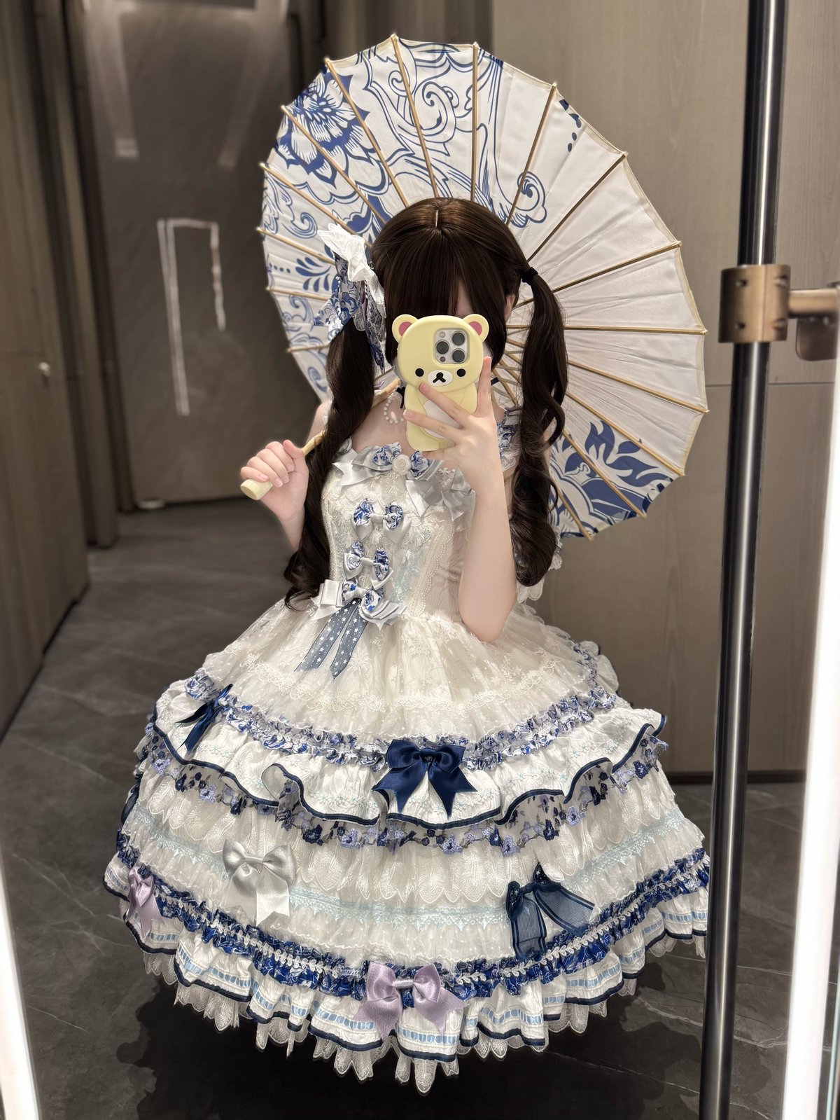 白金よつば 100-110cm 花柄刺繍 ジャンパースカート＆白シャツ セット 青花磁器 レースジャンパースカート | tulle オンラインストア