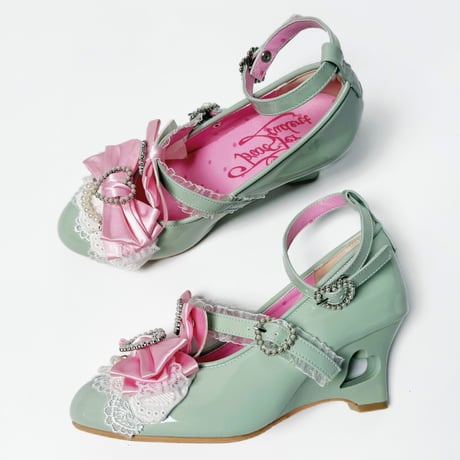 恋色誓約 ハートカットヒール ウェッジパンプス　ミント×ピンク