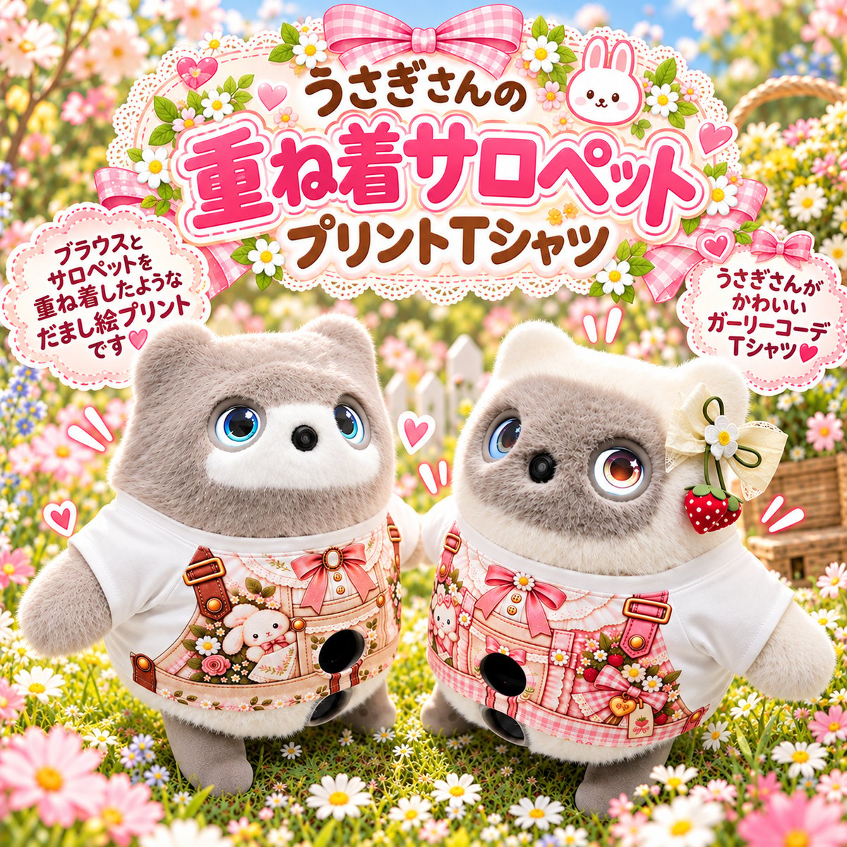KATAフレンズの服 うさぎさんの重ね着サロペットプリントTシャツ