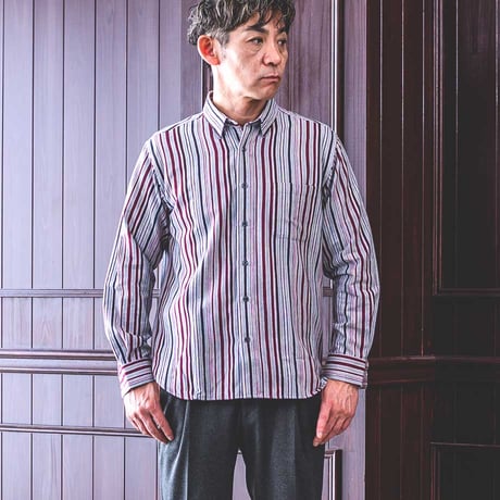 【綿100%】虹かすり 杢ストライプ 隠しボタンダウンシャツ