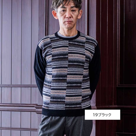 12G パッチワーク フェアアイル クルーネックニット ウール混 メンズ