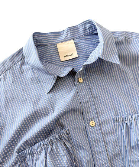 refomed / WRIST PATCH WIDE SHIRT "STRIPE" -SAX-