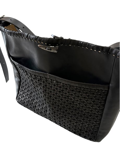 Post Production / 2 POCKET TOTE BAG mesh horse wax -BLACK-