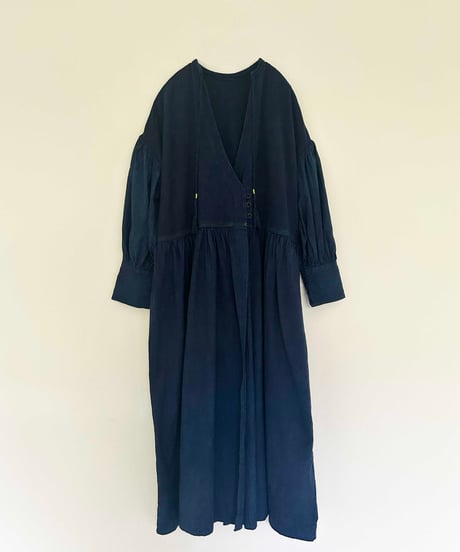 ダイヤカラコットン×インドコットンカディ　カシュクールワンピース　 藍染 淡色/中色/濃色