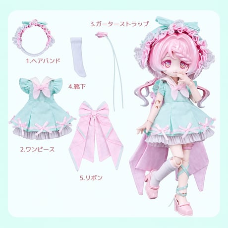 【現品販売】COME4FREE「日常シリーズ：ミントピーチ」1/12スケール 小型ドール向け ドール用の服 5点セット