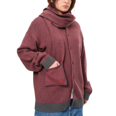 SOL soonerorlater / KNITTED BORDER SCARF / BURGUNDY & CHARCOAL