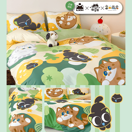 羅小黒戦記　富山商店＆妙吉猫コラボ　可愛いグリーン　ベッド用寝具4点セット（予約販売）