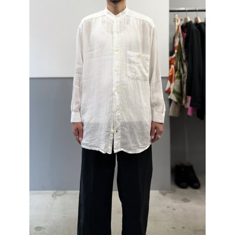 2000's ITALY MADE White sheer linen fabric band-collar shirt