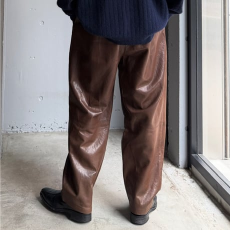 1990's Brown leather wide silhouette tuck pants