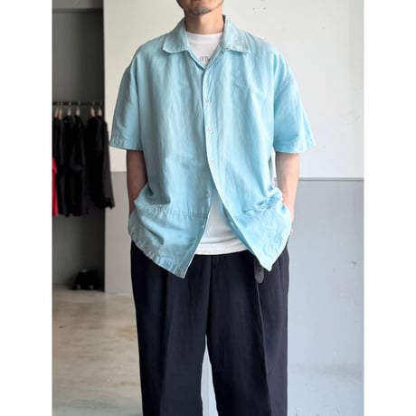 2000's Linen / Cotton fabric skyblue open collar short sleeve shirt
