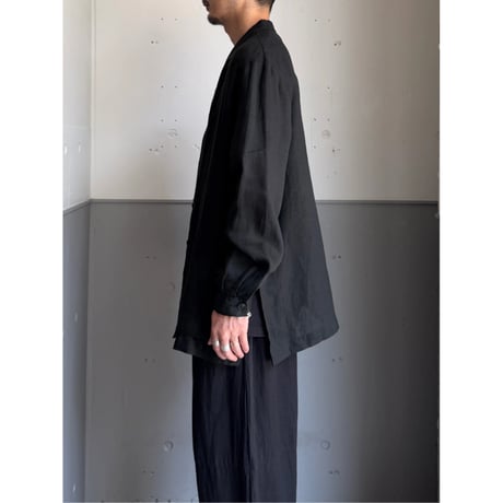 1990's ITALY Made Black Linen Fabric Side Slit Shirt