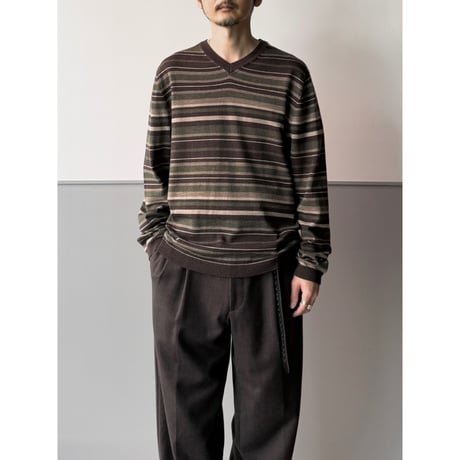 2000's "STRUCTURE" ITALIAN Merino Wool stripe pattern V-necked knit sweater