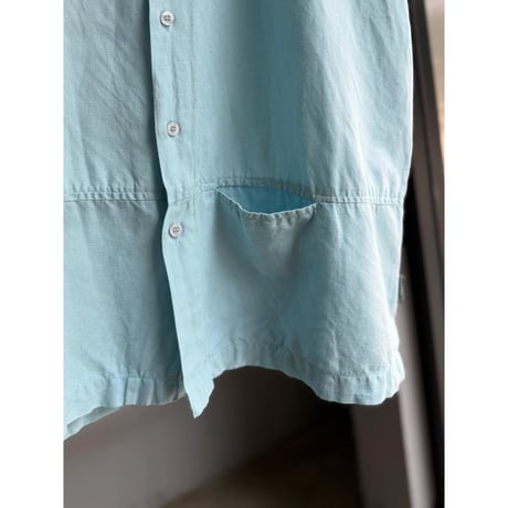 2000's Linen / Cotton fabric skyblue open collar short sleeve shirt