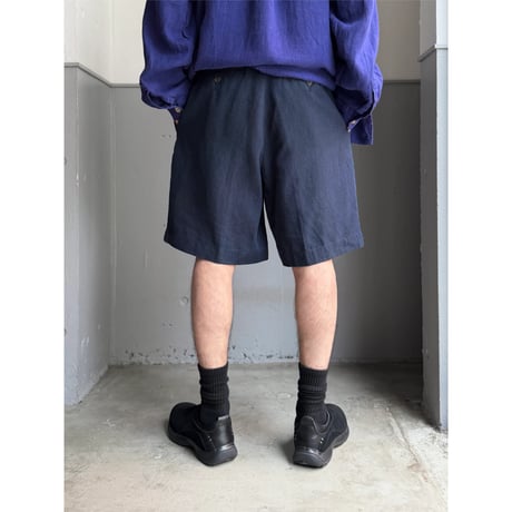 2000's "Daniel Cremieux" Navy × Skyblue Linen fabric 2tuck shorts