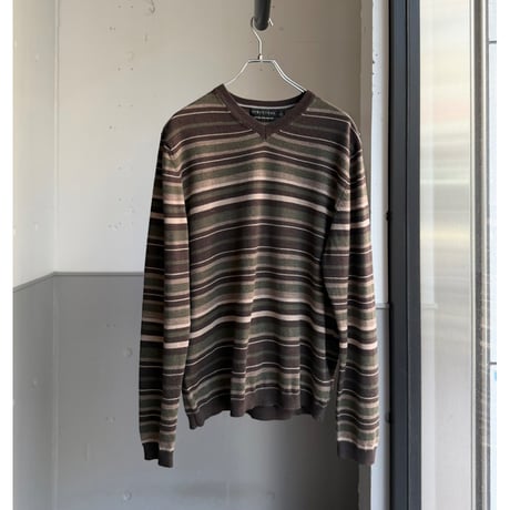 2000's "STRUCTURE" ITALIAN Merino Wool stripe pattern V-necked knit sweater