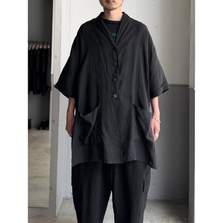 1990's "I BLUES by Max Mara" ITALY MADE Pure linen fabric shawl collar short sleeve shirt