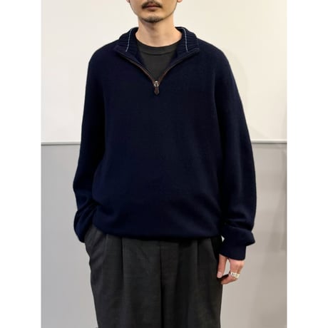 1990's-2000's "bloomingdale's" Cashmere × Suede Leather Trim half-zip knit sweater