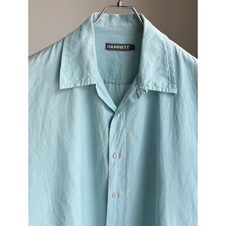 2000's Linen / Cotton fabric skyblue open collar short sleeve shirt