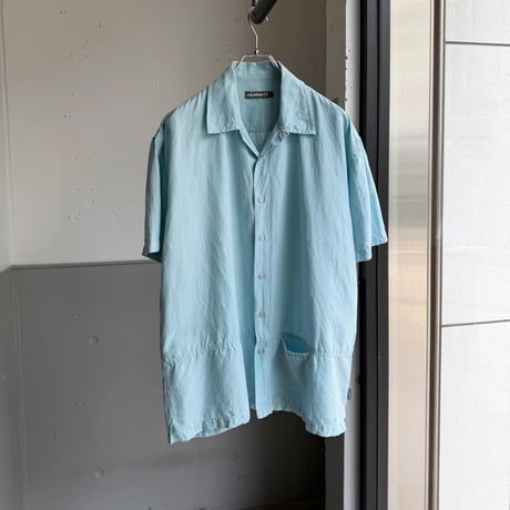 2000's Linen / Cotton fabric skyblue open collar short sleeve shirt