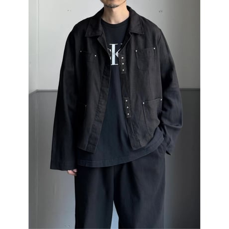 2000's Black linen fabric short length 4pocket jacket