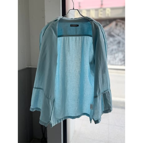 2000's Linen / Cotton fabric skyblue open collar short sleeve shirt