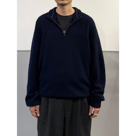 1990's-2000's "bloomingdale's" Cashmere × Suede Leather Trim half-zip knit sweater