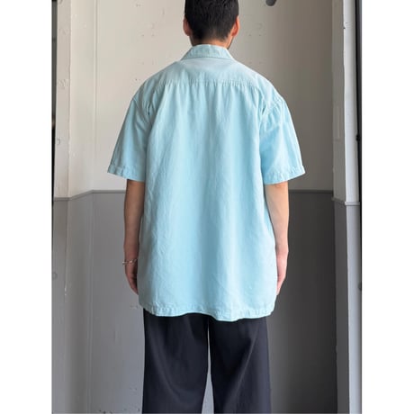 2000's Linen / Cotton fabric skyblue open collar short sleeve shirt