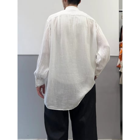 2000's ITALY MADE White sheer linen fabric band-collar shirt